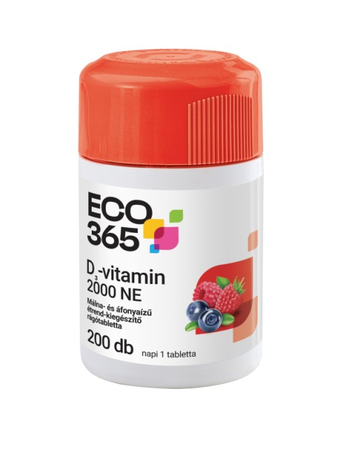 ECO365 D3-vitamin 2000NE málna és áfonyaízű étr.kieg.rágótabletta